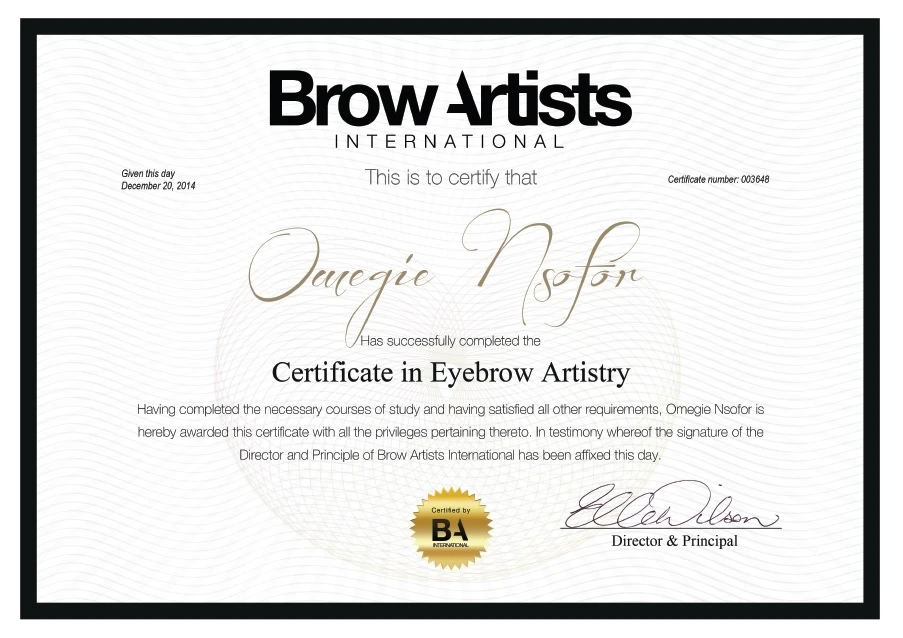 Yazi's Place Brow Artists International Certificate